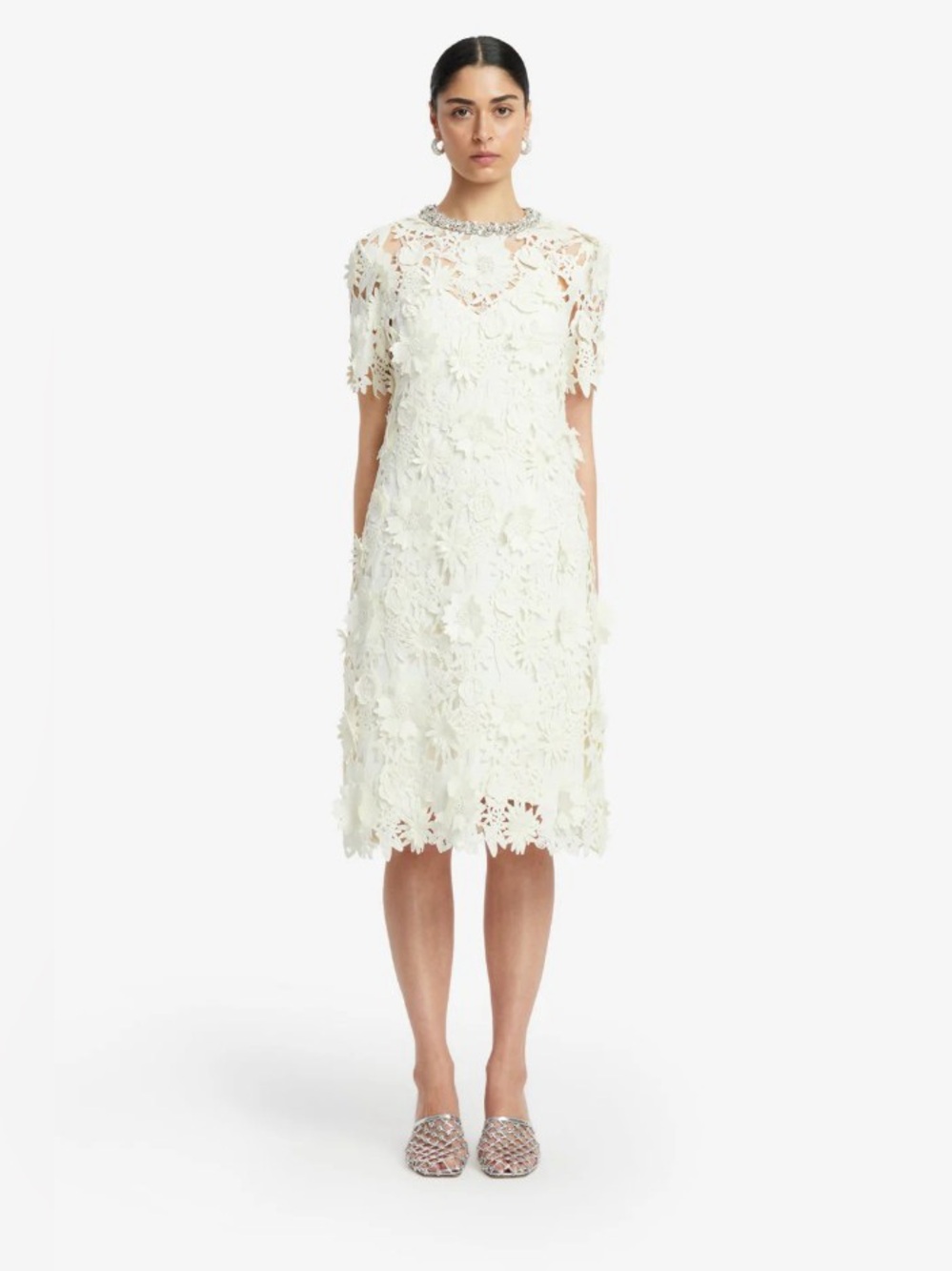 Leo Lin Sheridan Embellished White 3D Floral Applique Lace Midi Dress AU8/US4